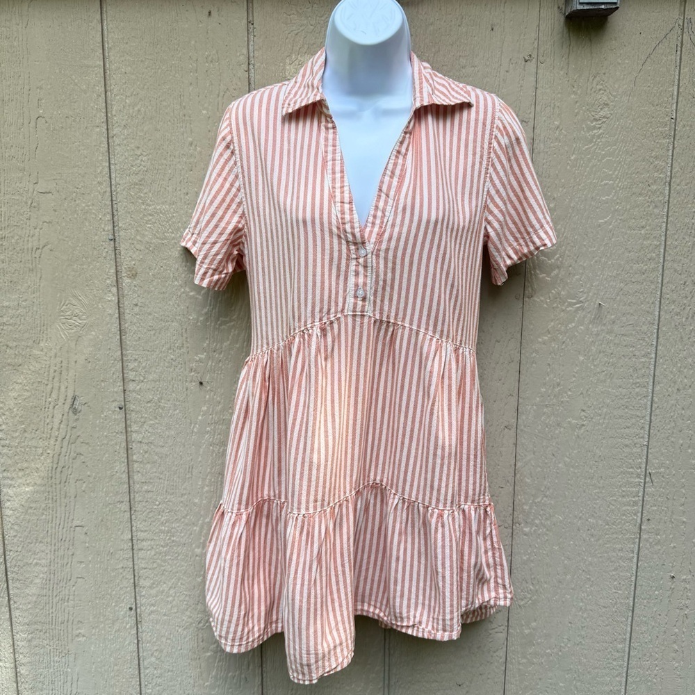 Japna Striped Button Mini Dress Orange White Rayon Cotton V-Neck Collared S